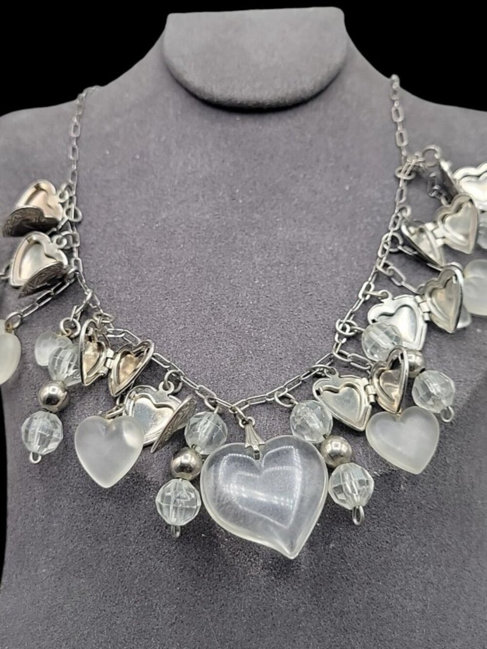Love Choker Necklace 16" Frost Glass 8 Silver Plated Double Photo Locket Charms - Picture 2 of 15